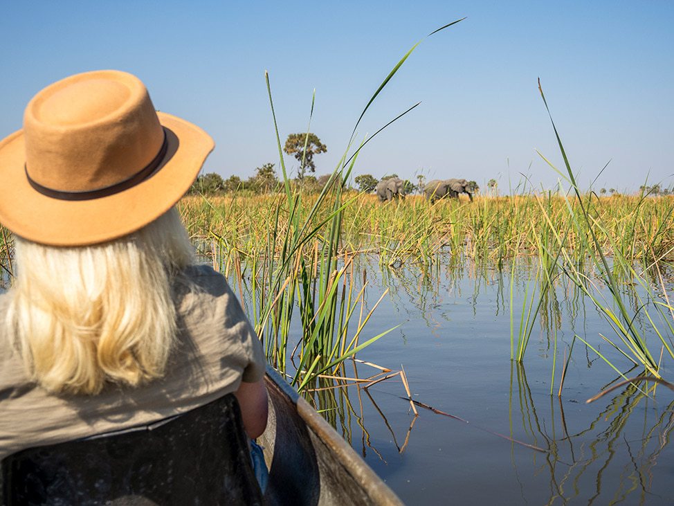 Woman in boat watching elephants Botswana