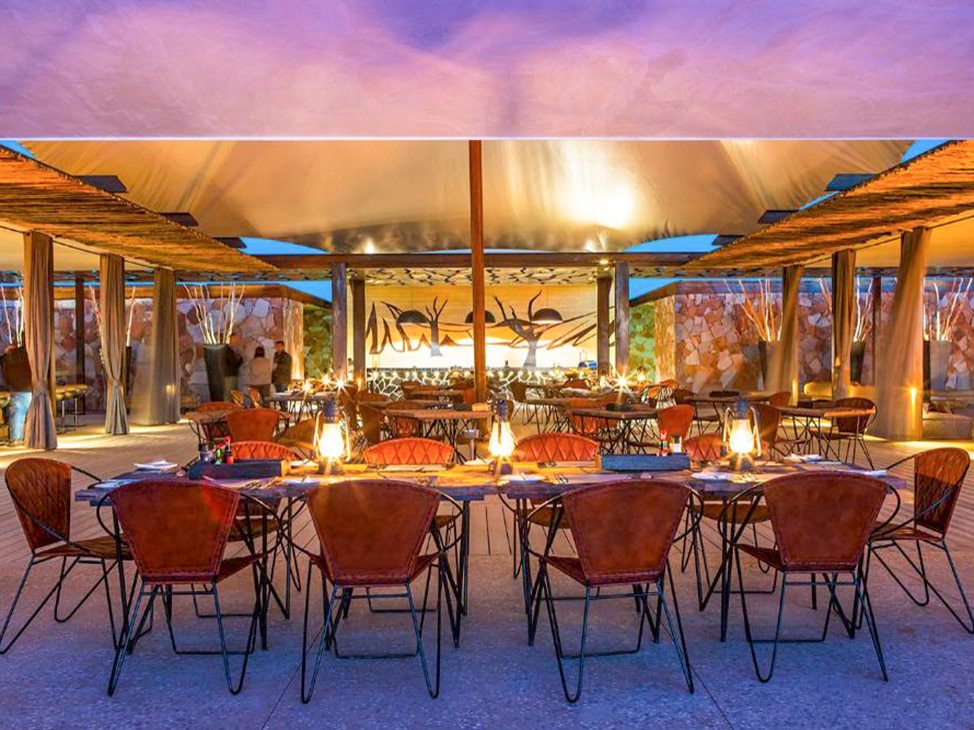 Beautiful lit open-air dinning area at Dead Valley Lodge Namibia