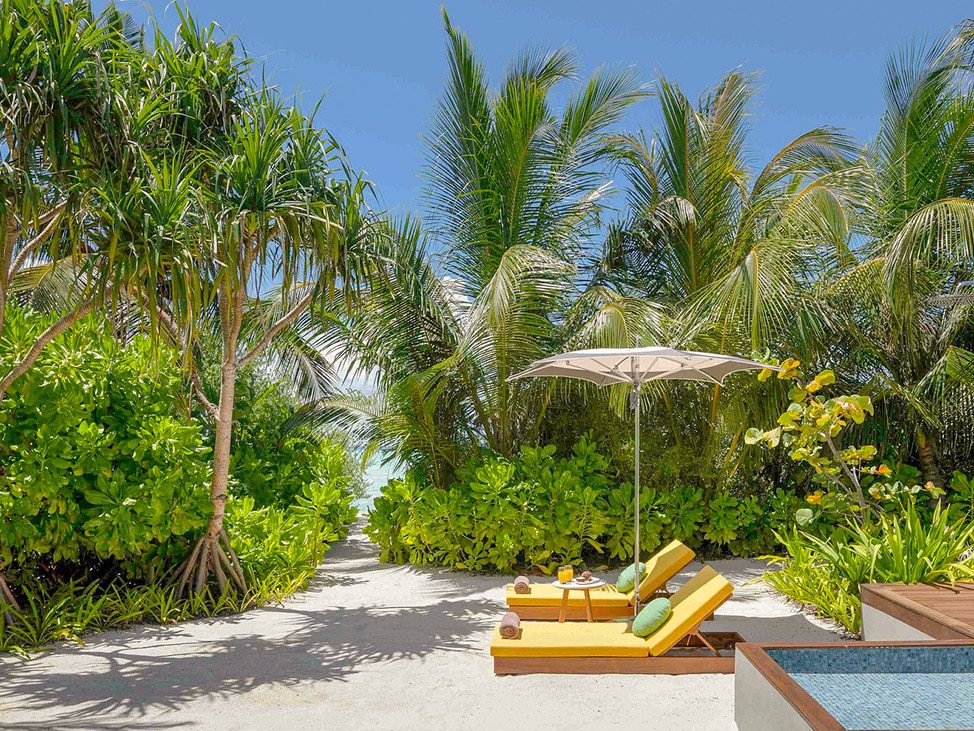 Yellow sun-loungers on the beach by the pool Maldives